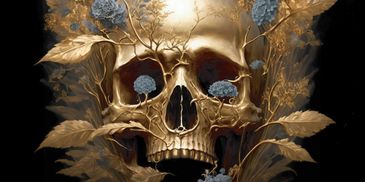 A golden skull with floral and leafy growths.