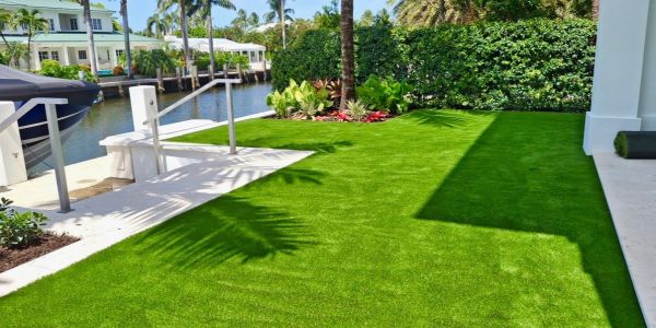 Well-maintained green lawn by a waterfront.