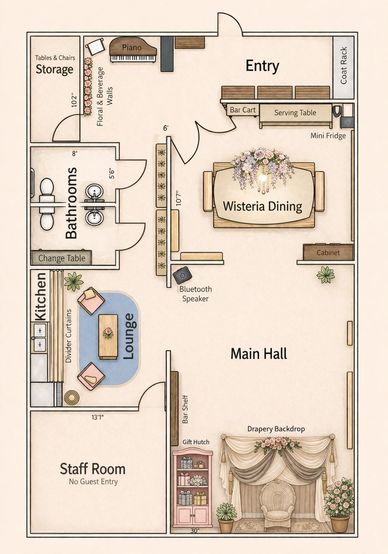 Detailed floor plan of a venue with labeled rooms and furniture.