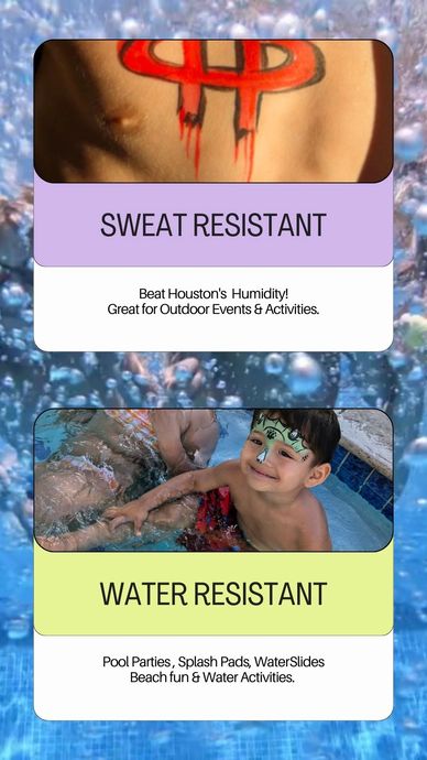 Planning a pool party, outdoor event, or active celebration? Our hybrid face paint is the solution!