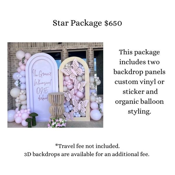 Elegant pastel balloon backdrop panels with butterfly decorations and floral accents for $650.