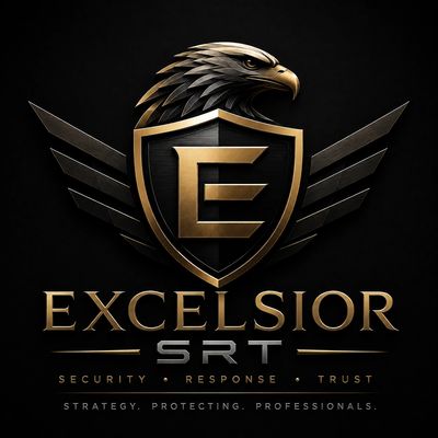 Elegant gold and black Excelsior SRT security logo with eagle and shield.