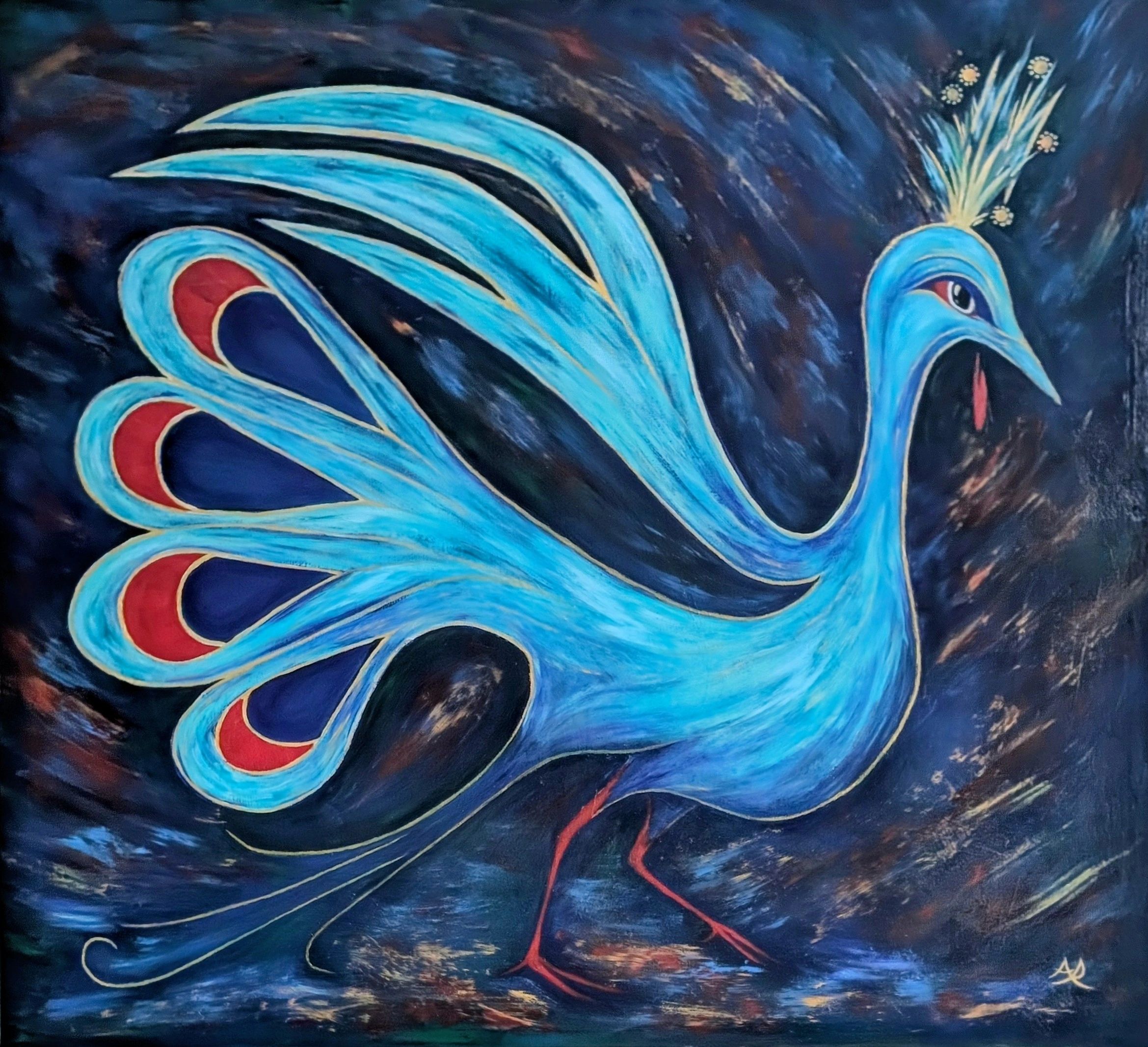 Abstract painting of a blue peacock with red accents.