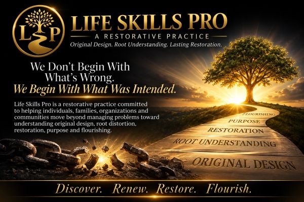 Life Skills Pro restorative practice with a path to flourishing under a tree.