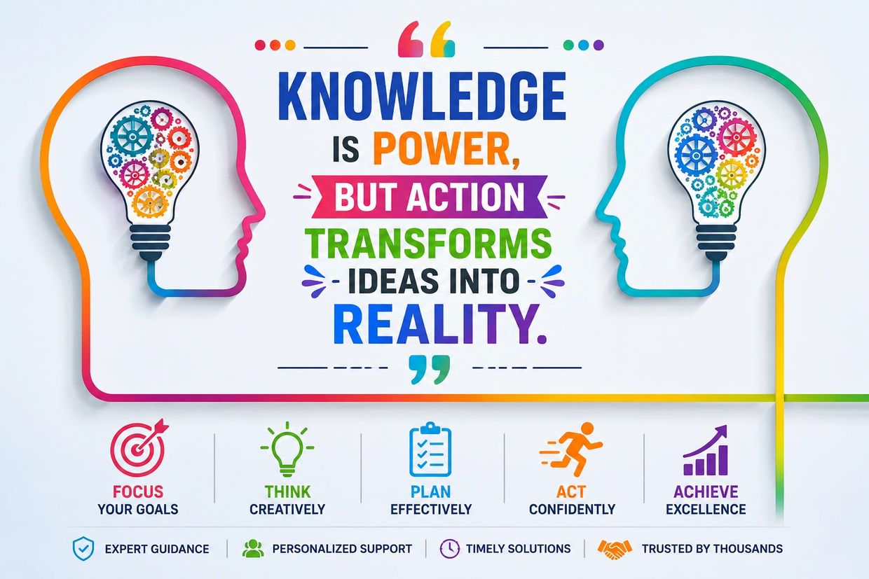 Quote on knowledge and action with colorful head and lightbulb graphics.