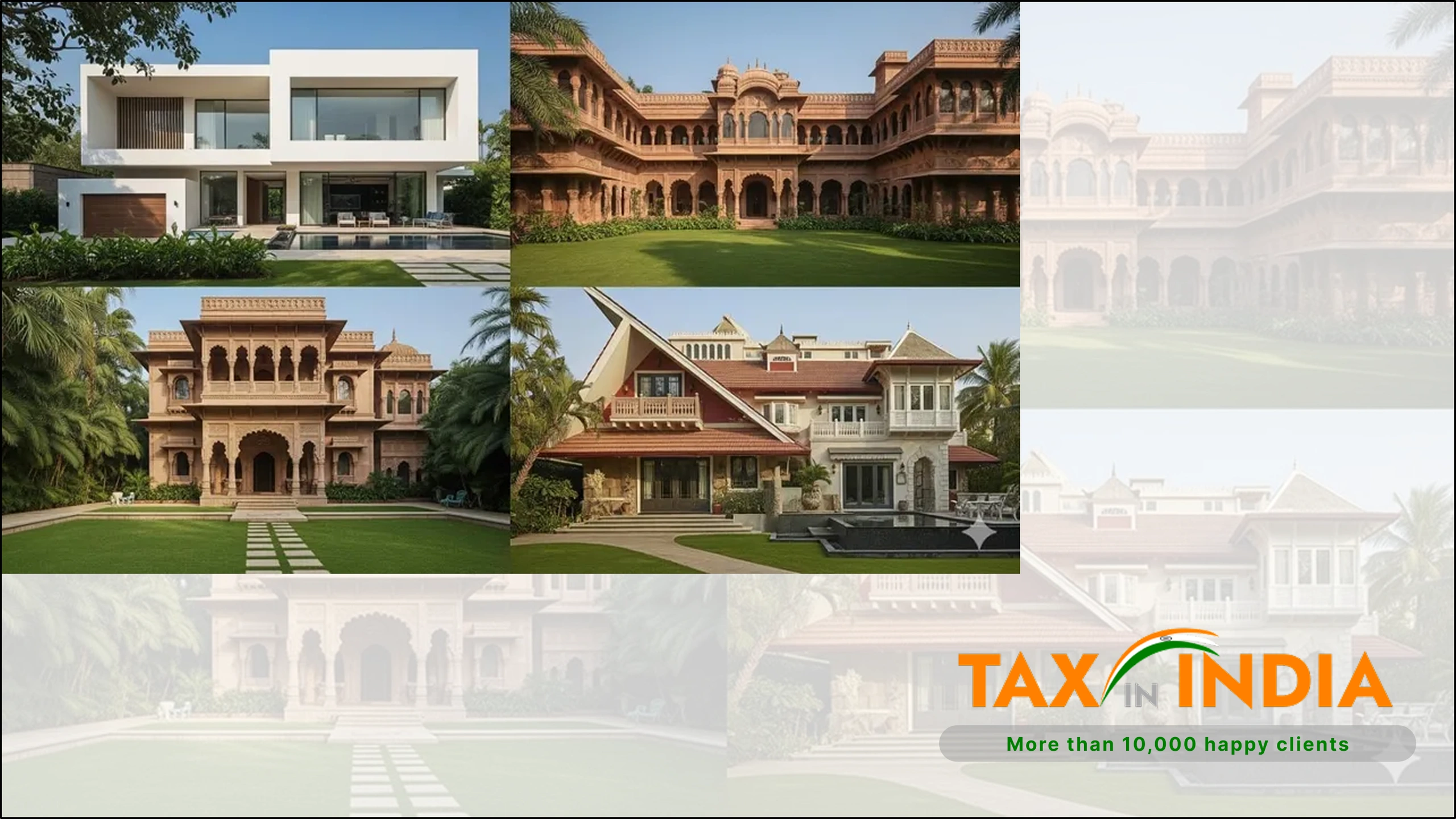 Collage of modern and traditional Indian-style houses with lush gardens.