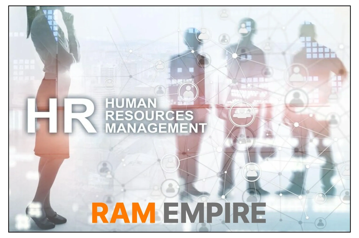 HR Human Resources Management image with silhouettes and network icons.