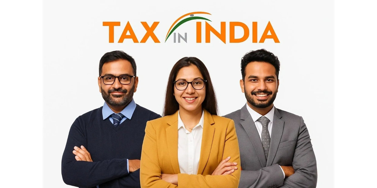 Three Indian professionals standing with text 'TAX IN INDIA'.