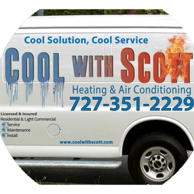 Van advertisement for Cool with Scott heating and air conditioning service.