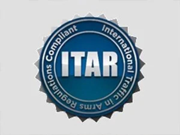 Blue circular badge with ITAR compliance text.