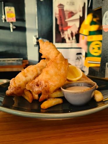 Beer-battered fish and chips at The Cambrian Hotel, Bendigo