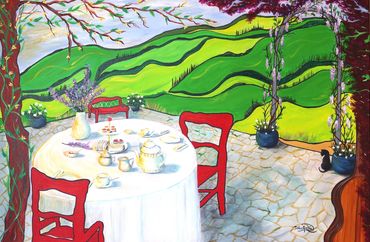 Colorful painting outdoor with table and cat.
