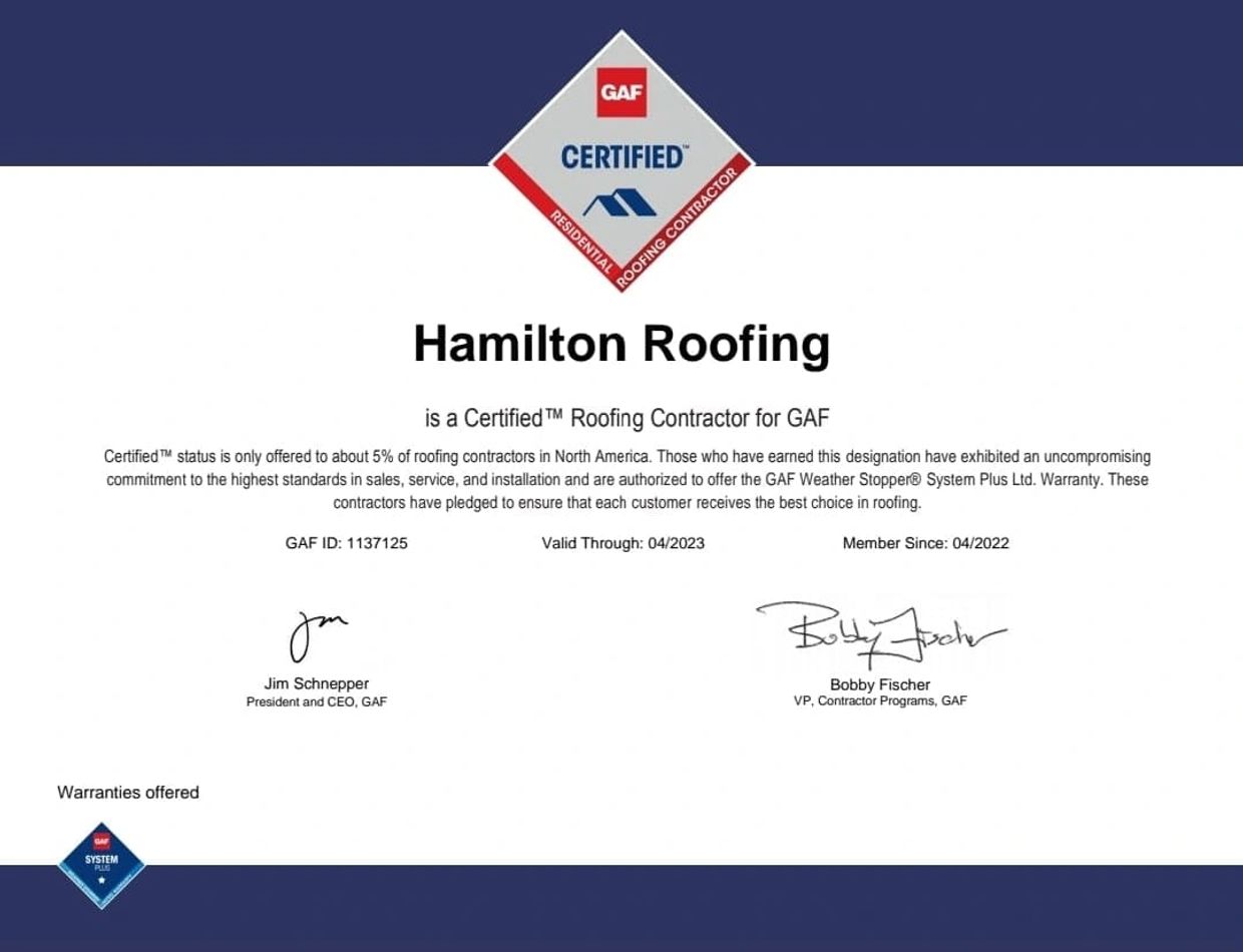 Hamiliton Roofing Certified GAF Roofing Contractor