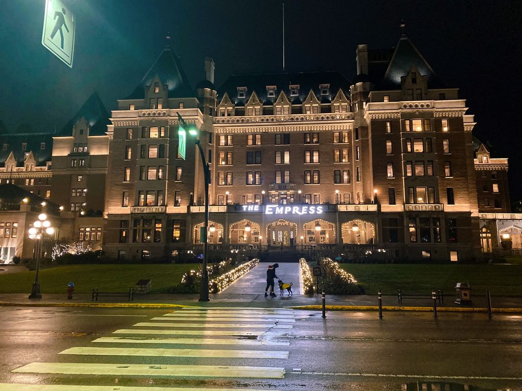 The Empress Hotel at night.