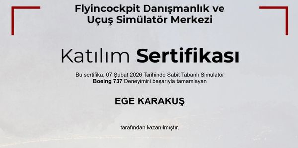 Katılım Sertifikası for completing Boeing 737 simulator training.