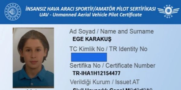 Unmanned Aerial Vehicle Pilot Certificate with photo and personal details.