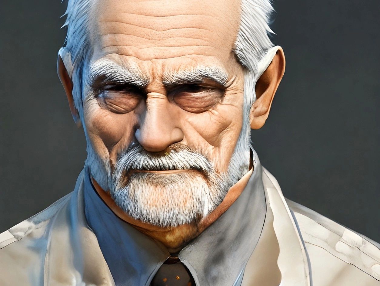 Close-up portrait of a wise elderly man with white hair and beard.