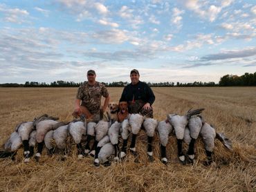 two hunters and hunting dogs with many birds