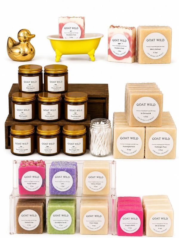 Goat Wild soap and candle collection with various scents and a gold duck decor.