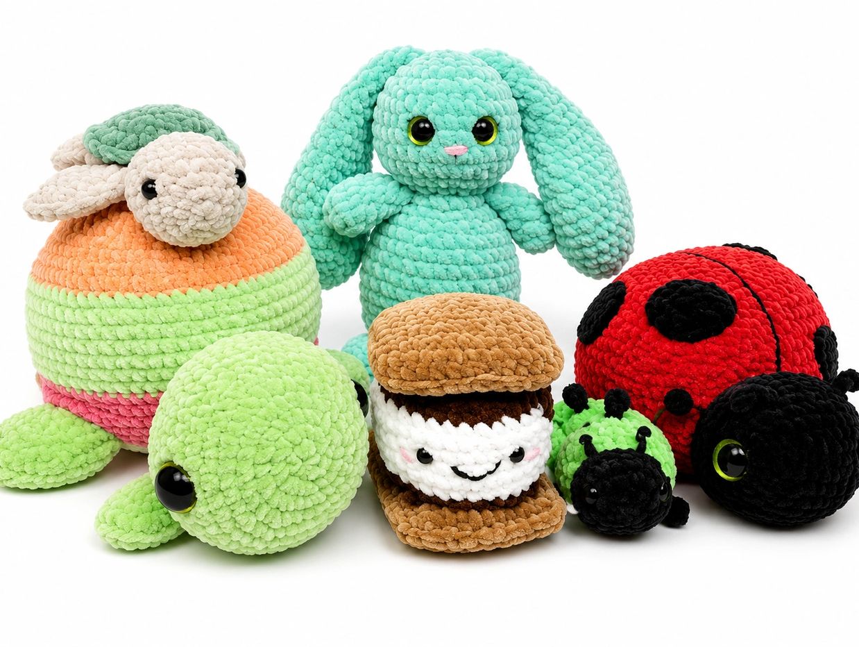 Six colorful crocheted stuffed toys including a turtle, bunny, ladybug, and s'mores character.