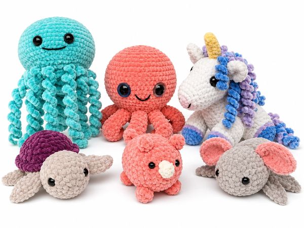 Six colorful crocheted animal toys with happy faces, including a unicorn and octopus.