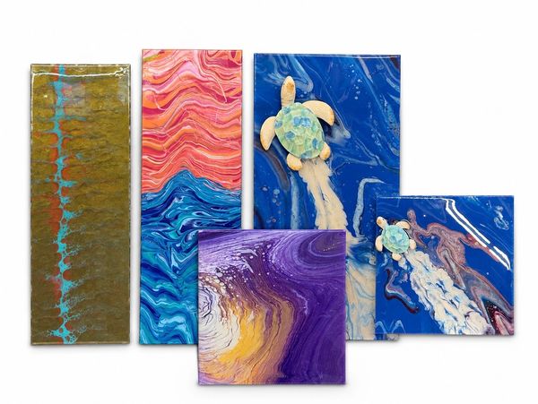 Five colorful abstract paintings, including two with turtles swimming in blue water.