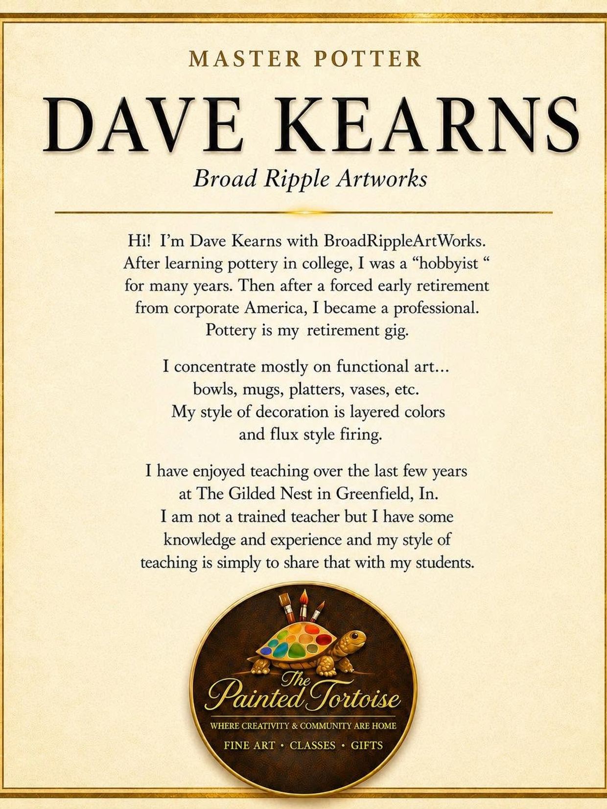 Pottery artist Dave Kearns shares his background and teaching style at The Painted Tortoise.
