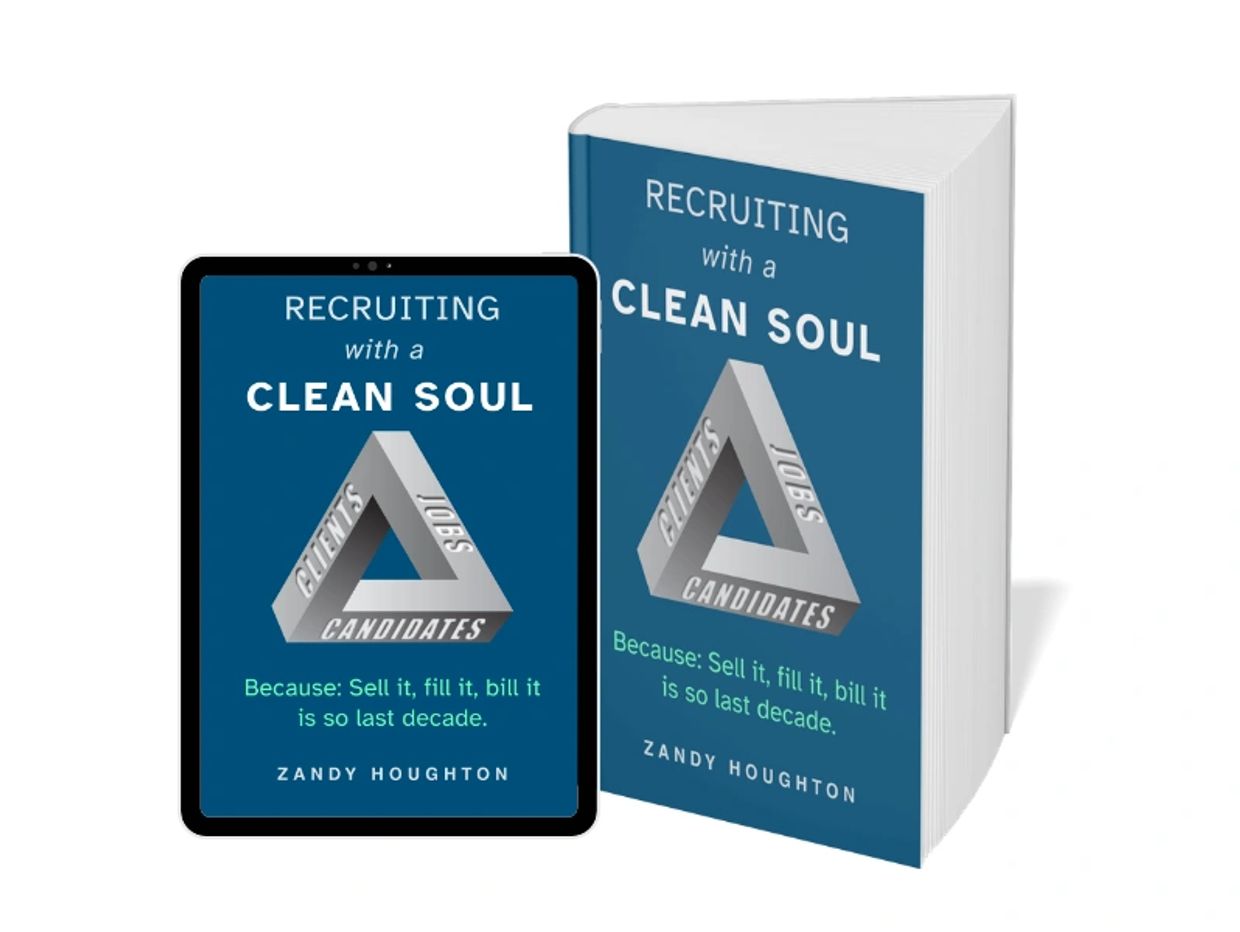 Book cover titled 'Recruiting with a Clean Soul' by Zandy Houghton with a Penrose triangle graphic.