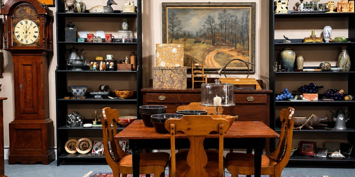 Cozy dining room with antiques and vintage decor.