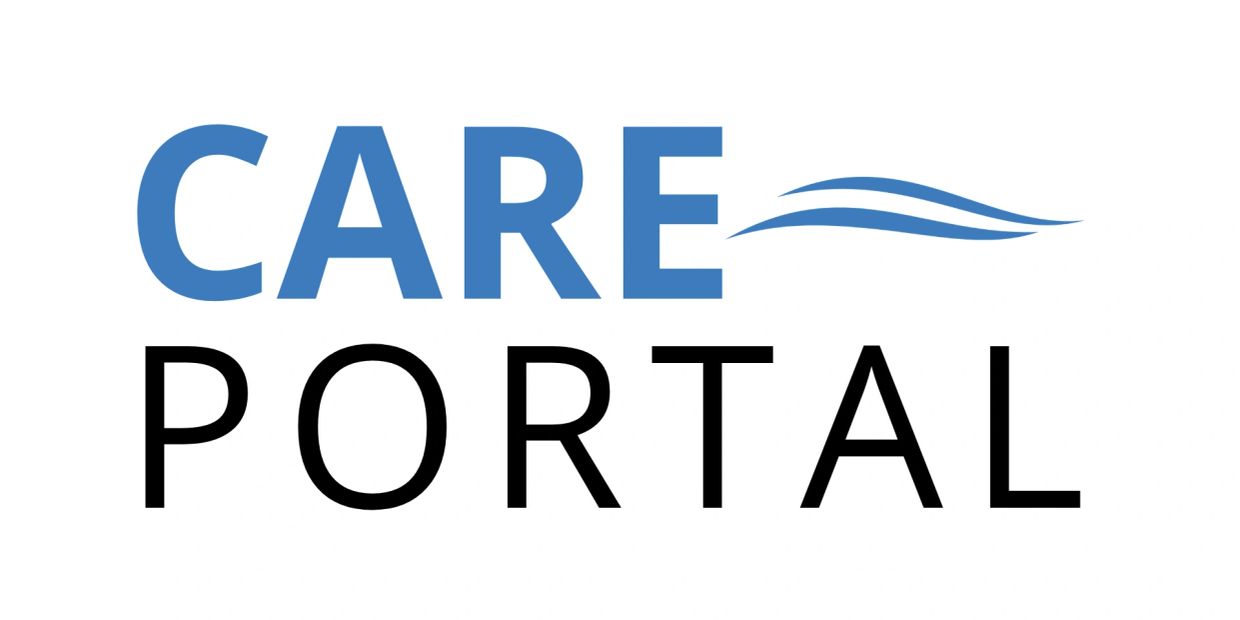 Logo with the text 'CARE PORTAL' and two blue wavy lines.