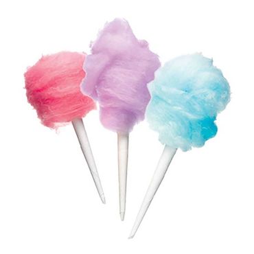 Three colorful cotton candy cones in pink, purple, and blue.