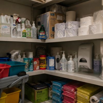 Shelves stocked with cleaning supplies and paper products.