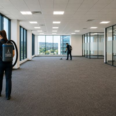 Two people cleaning a empty office area