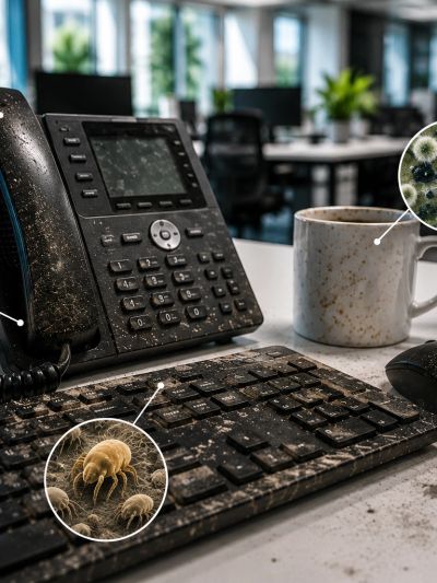 a keyword and telephone with germs on them