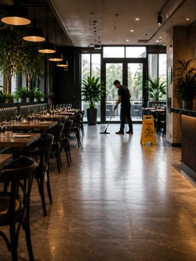 A person cleaning a Restaurant