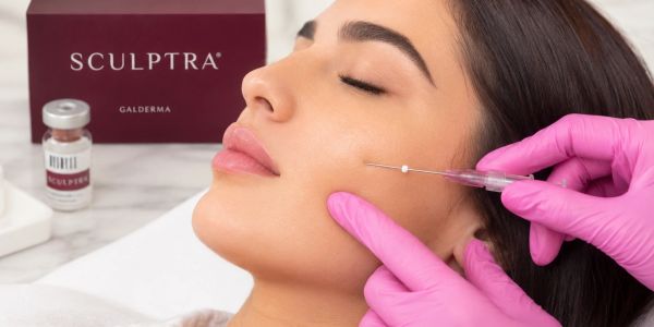 Woman receiving facial injection with Sculptra.