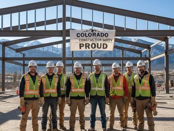 Construction workers posing under a Colorado safety sign.