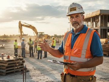 Construction safety officer on site with clipboard.