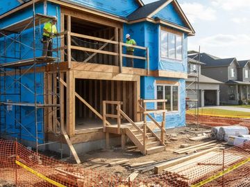 Two construction workers at a house under construction.
