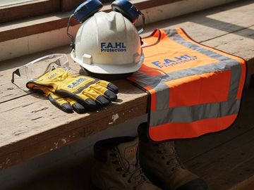 Safety gear including helmet, gloves, vest, and boots on a wooden bench.