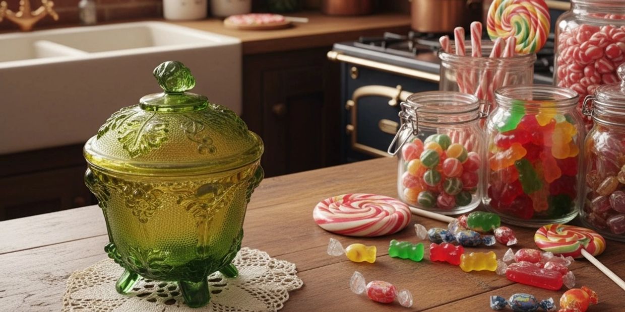 A vintage green glass jar and assorted colorful candies on a kitchen table.