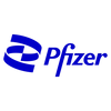 Blue Pfizer logo with stylized ribbon design and text.