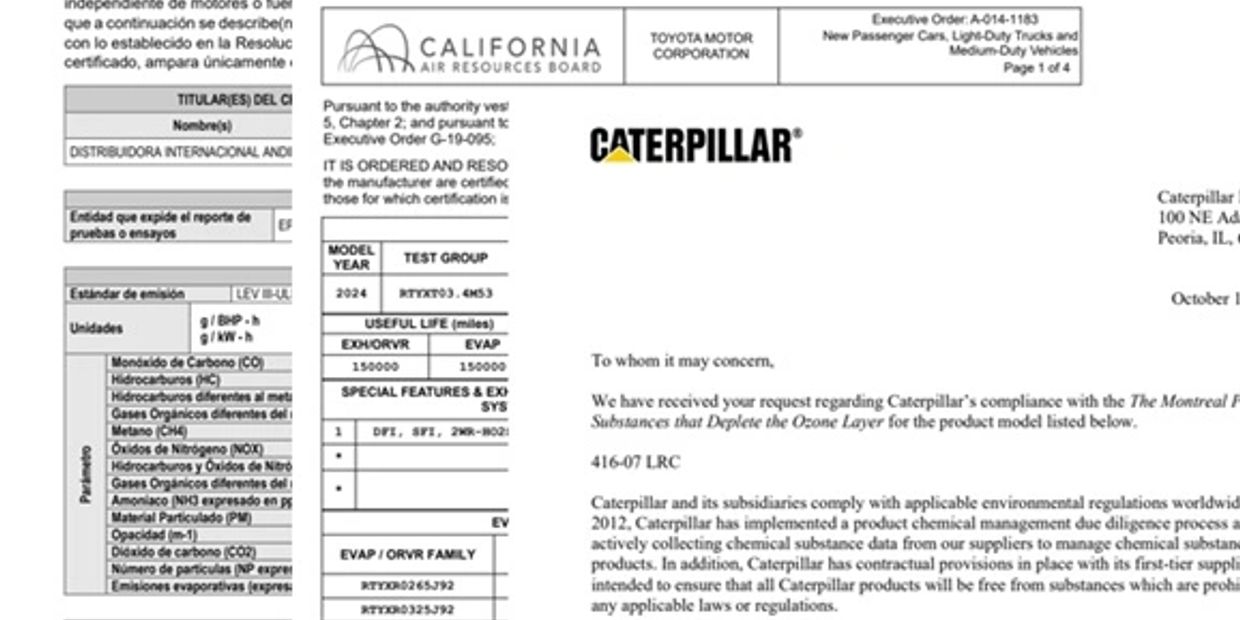 Certification document from California Air Resources Board for Caterpillar products.