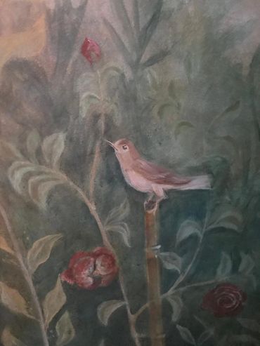 Bird and flowers in Italian fresco style mural