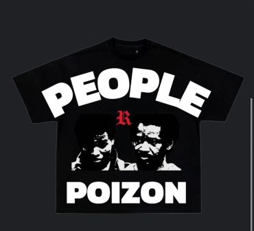 Black T-shirt with graphic of two faces and text.