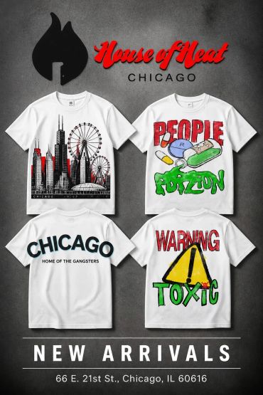White graphic t-shirts with Chicago-themed and bold designs.