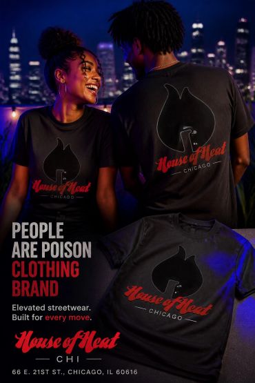 Couple wearing and showcasing House of Heat Chicago T-shirts at night.