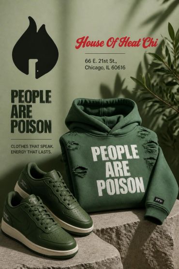 Green hoodie and shoes with the phrase 'People Are Poison' on display.