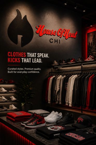 Stylish sneakers and clothing displayed in House Of Heat store.