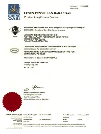 SIRIM Product Certification Licence - Retreaded Pre-cured